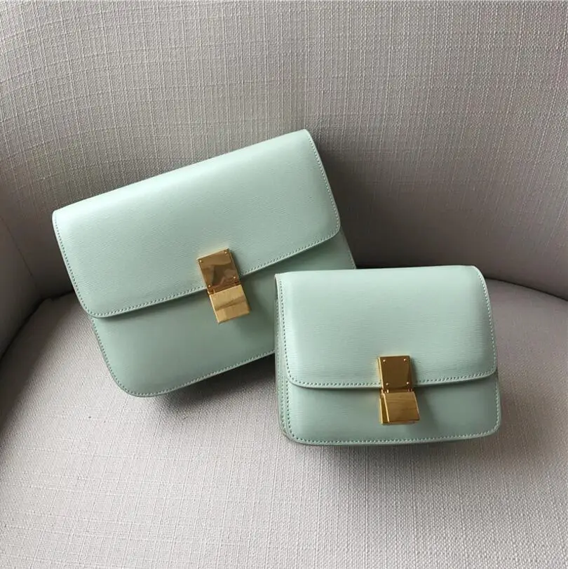

Top quality women box bag Hand graining cow genuine leather cross body bag new version mint green flap bag c405
