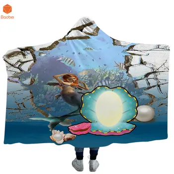 

3D Mermaid Seabed pearl Hooded Blanket For Adult Gothic Sherpa Fleece Wearable Throw Blanket Bedding 200*150cm/130*150cm