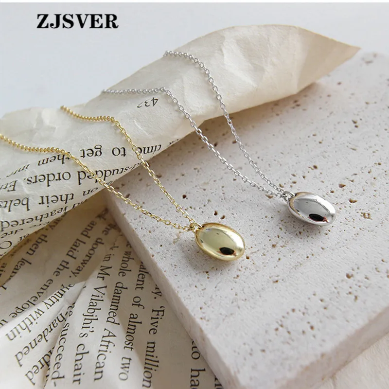 

ZJSVER Glossy Geometric Ellipse Shape Pendant Minimalist Golden/Silver Chain 925 Sterling Silver Women Necklace Fine Jewelry