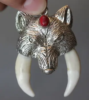 

rare China Boars Tooth Wild Hog Silver Wolf Head protective talisman Pendant