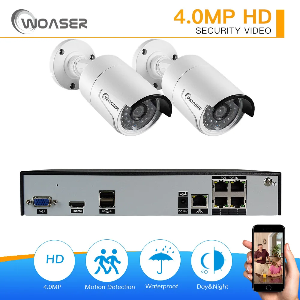 

WOASER 4CH 48V POE NVR DVR H.265 CCTV System 2PCS 4MP POE IP Camera IR Night Vision Outdoor Video Security Surveillance Kit