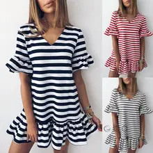Летнее милое повседневное женское платье 3 стиля с расклешенными рукавами и v-образным вырезом, Полосатое свободное мини-платье-труба, платье с листьями лотоса