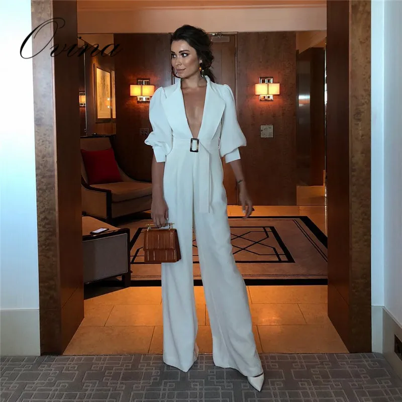 

White V-Neck Half Sleeve Boot Cut With Belt Fashion Luxury Jumpsuits Women Rompers