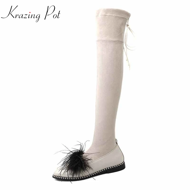 Véritable Over Bottes Naturel Cuir Bas Beige De Mode the Krazing noir Fourrure genou Bottines Extensibles Solide Velours Talons Couleur Rivets L12 Pot 2019 En EOqFT