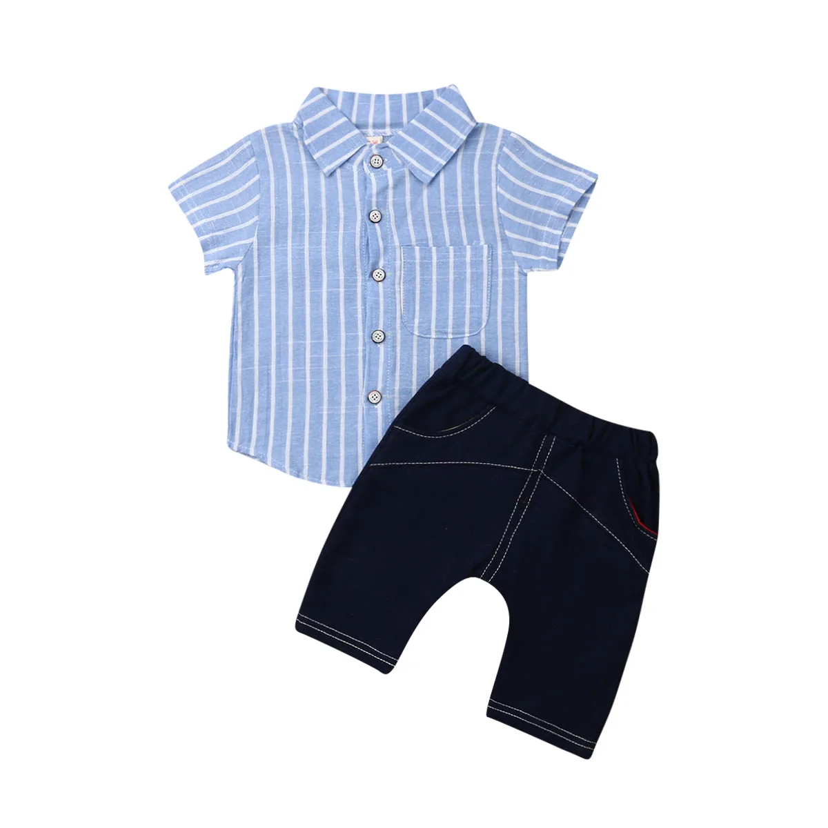 

Toddler Baby Boys 2 Piece Clothes Set Handsome Stripe Short Sleeve Bowtie Shirts and Blue Jeans Shorts Outfits Kids Summer Suits