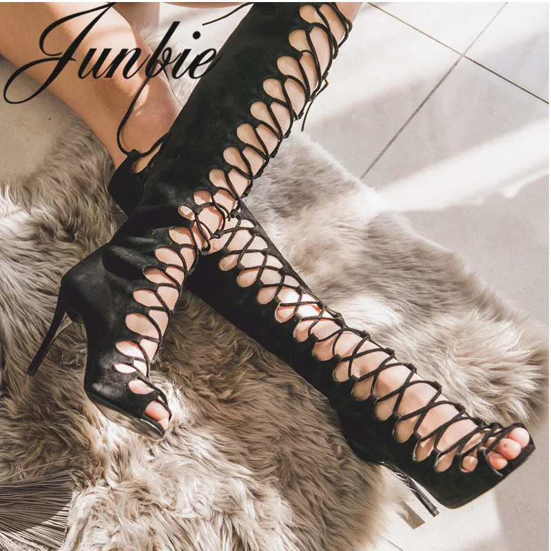 

JUNBIE New Spring Summer Rome Gladiator Knee HIgh Lace Up Women Sandals Open Toe Thin HIgh Heel Summer Sandals Shoes Women