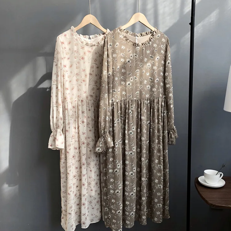 Цветочный принт Для женщин шифоновое длинное платье с оборками и круглым вырезом бежевый кофе линия Винтаж платье