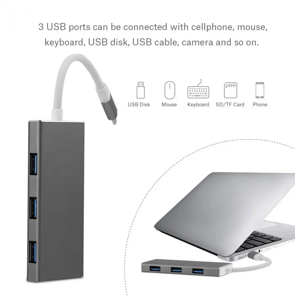 

7 in 1 Type C to 3 Port USB 3.0 HUB Adapter for MacBook Laptop Smartphone HDMI TF SD Card Reader OTG