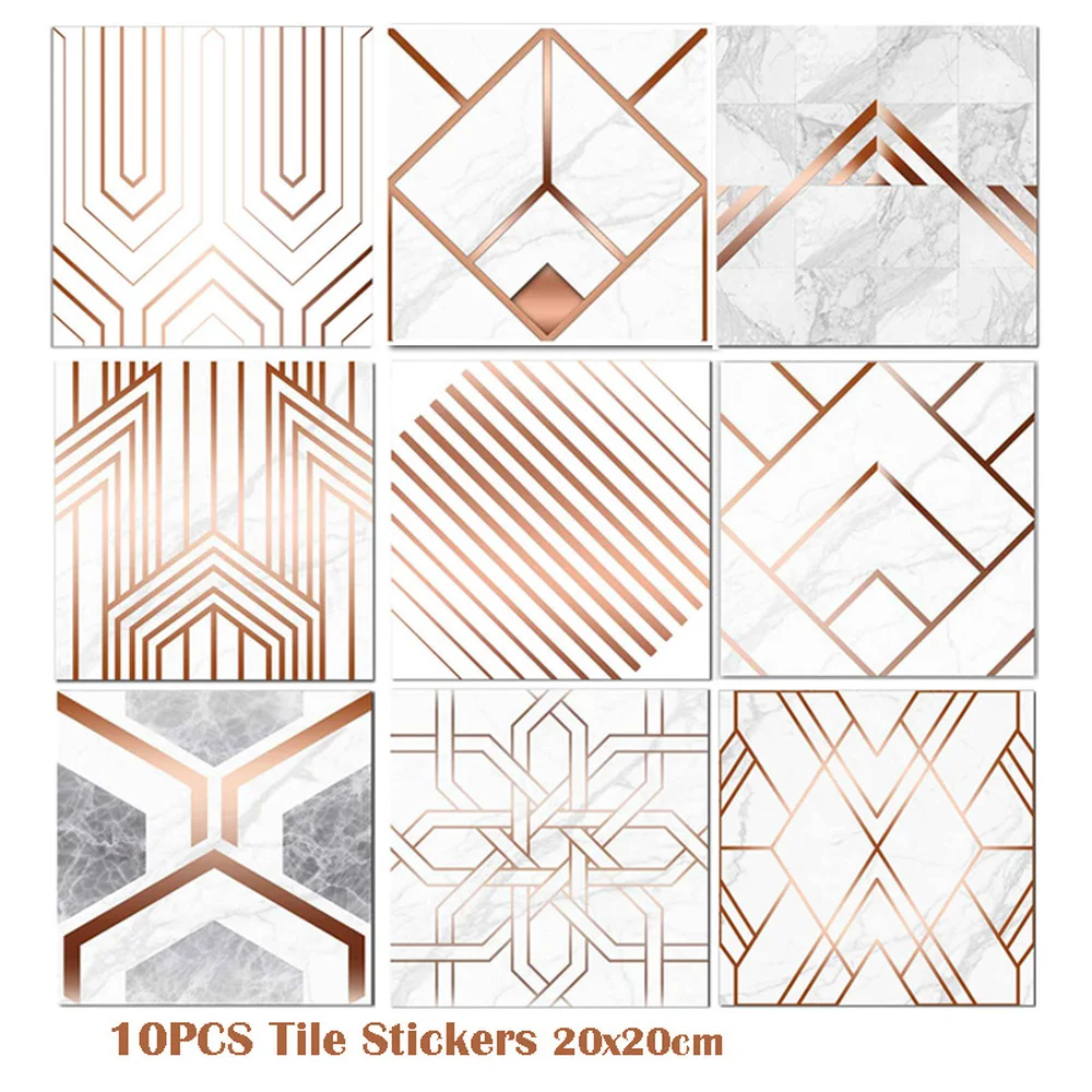 

10PCS Simple Geometric Tiles Mosaic White Marble Wall Stickers with Copper Effect Detail Home Decor DIY Removable Stickers 20*20