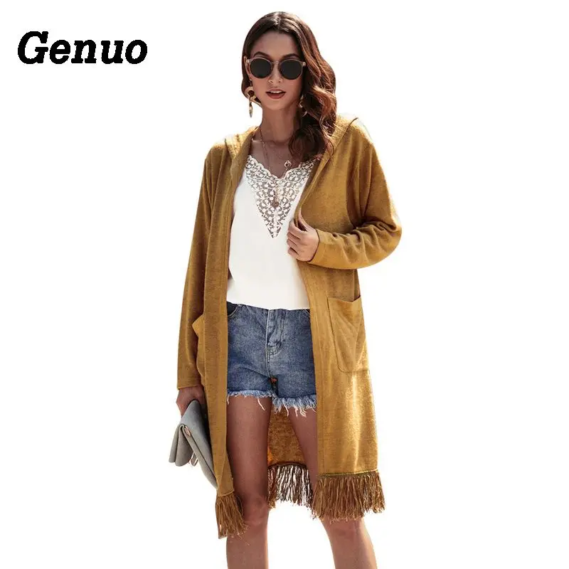 Genuo Women Knitted Cardigan Coat Autumn Winter Long Sleeve Loose Tassel Sweater Jacket Elegant Female Hooded Outwear Overcoat