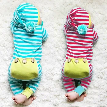 

Baby Romper Cotton Hooded Striped Romper For Baby Boy Spring Pompom Hat Baby Girl Clothes