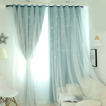 

1 PC Nordic Modern Tulle+Black Out Double Curtains with Star Tassel Black Out Blinds Window Curtains For Living room