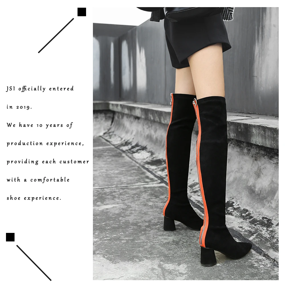 JSI Women Sexy Over The Knee High Boots Pointed Toe High Heel Flock Shoes New Fashion Square Heel Slip-On Women Boots JO272