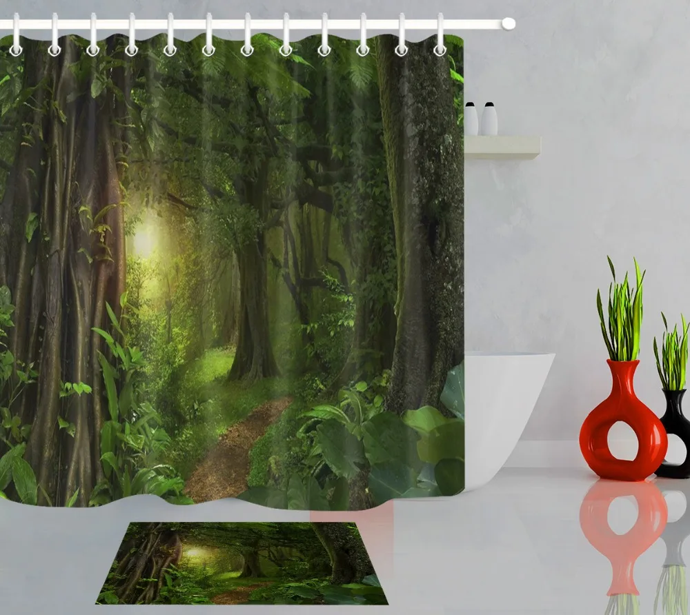 LB Green Tree Jungle Shower Curtain With Mat Natural Scenery Bathroom