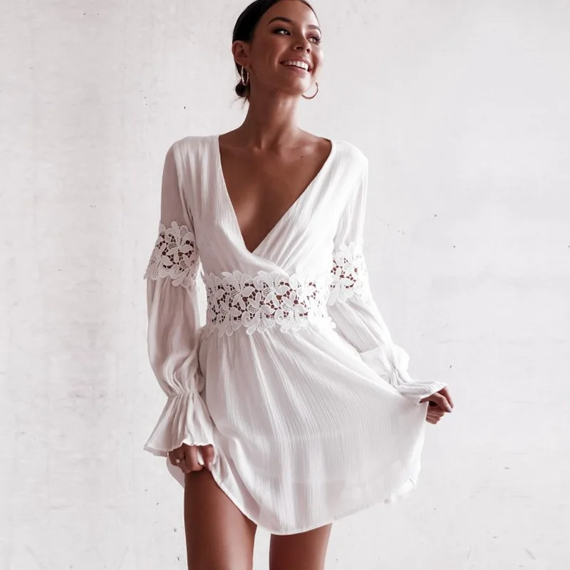 

NiceMix 2019 Summer Backless Women V-Neck Sexy Back Dress Cocktail Party Slim Short Beach Party New Dresses Female White Lace