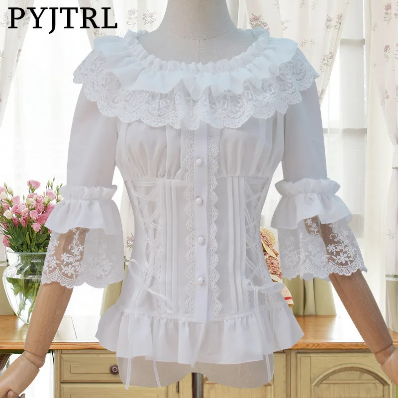 Vente PYJTRL Doux Lolita D été Automne 1 2 Corne Manches Chalaza Slim Fit Blanc Chemisier En Dentelle Vintage Chemise Femme Blouses Femmes Chemises