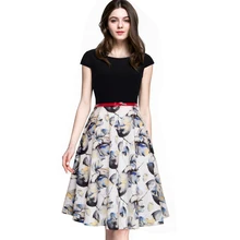New Summer Fashion Women Tropical Swing A-line Dresses Elegant Short Sleeve Round Neck Fresh Floral Print Patchwork Dress A009