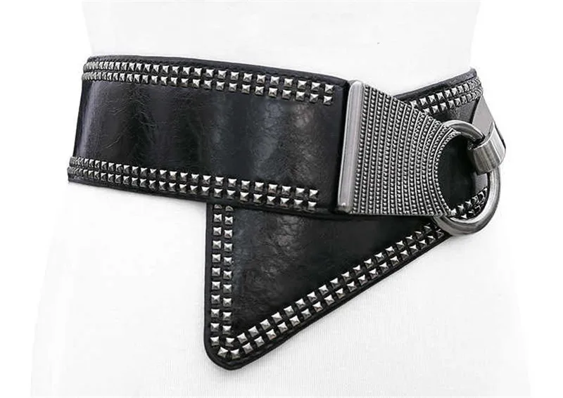 New Black Leather Cummerbunds Female Woman Belt Studded Wide