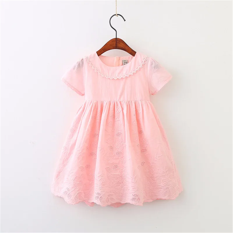 HOT SALE new summer Baby Girls solid Dress Clothes Children Kids frill lace neck drawstring