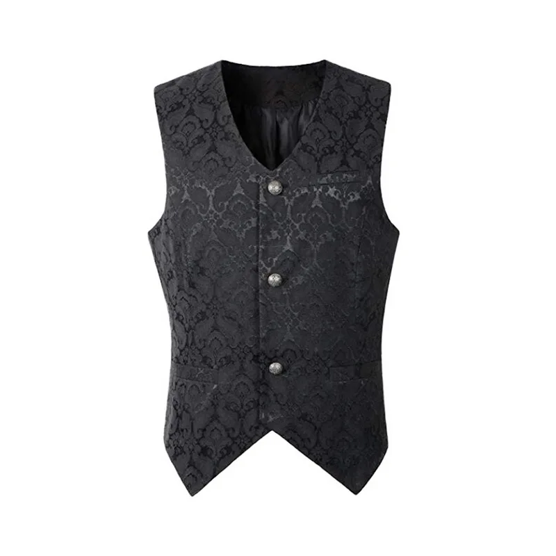 

MJARTORIA Fashion Men Single Breasted Lapel Collar Waistcoat Business Print Vest Gothic Steampunk Split Blazer Dress Suit Short