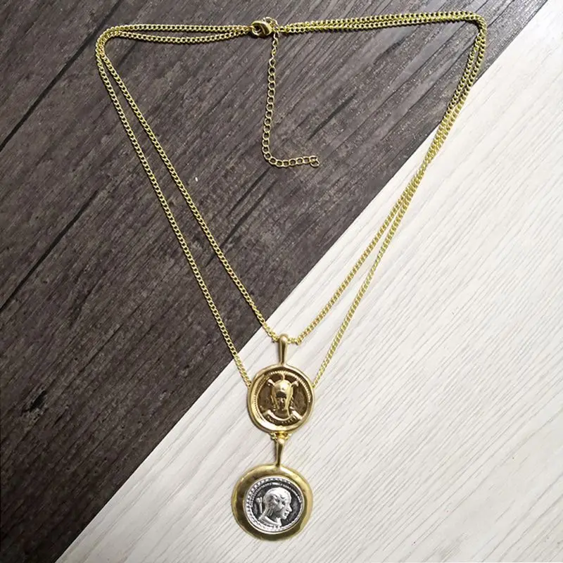 

Figure Coin Pendant Canadian Coin Station Vintage Double Chain Layered Necklace