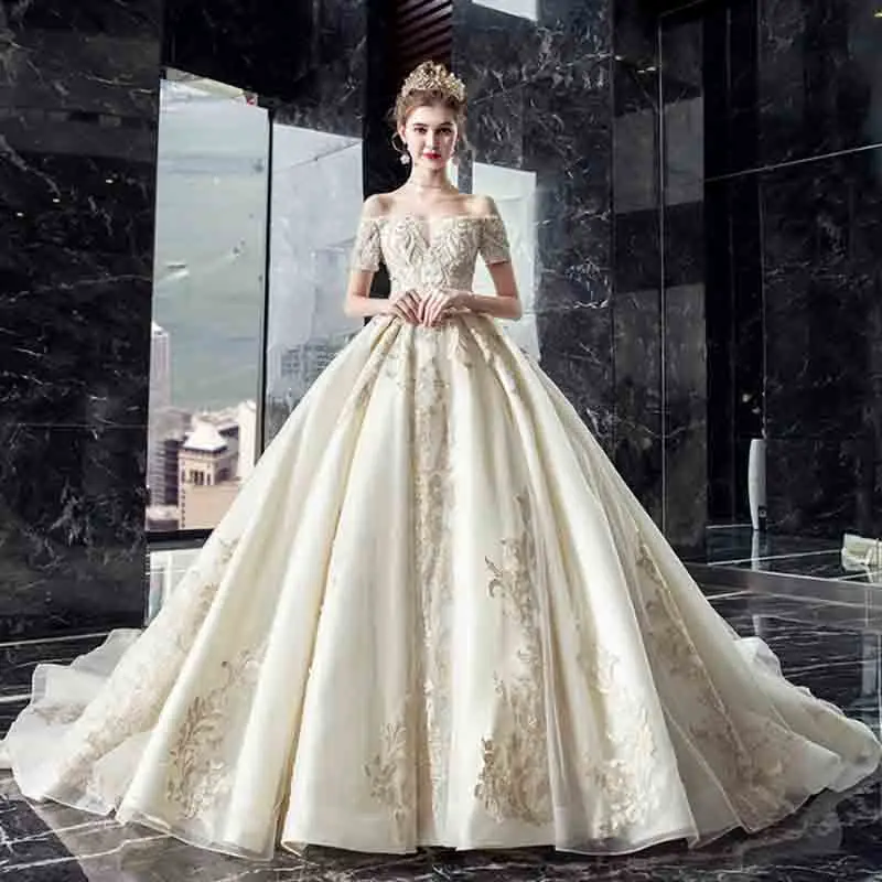 

Custom Deluxe Champagne Evening Formal Dress Red Carpet Bridal Wedding Party Trailing Dress Ball Gown For Lady Plus Size 5XL