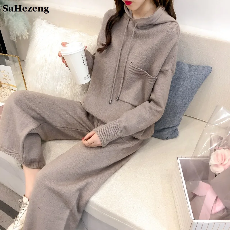 Elegant Ladies Sweaters 2 Pieces Sets Sweater Knitted Pants Sets Fashion Women Sweater Suits