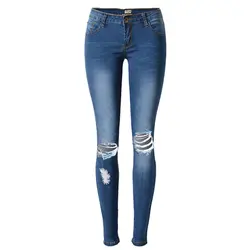 Лидер продаж женские отбеливатель рваные колена обтягивающие джинсы джинсовые штаны, синий