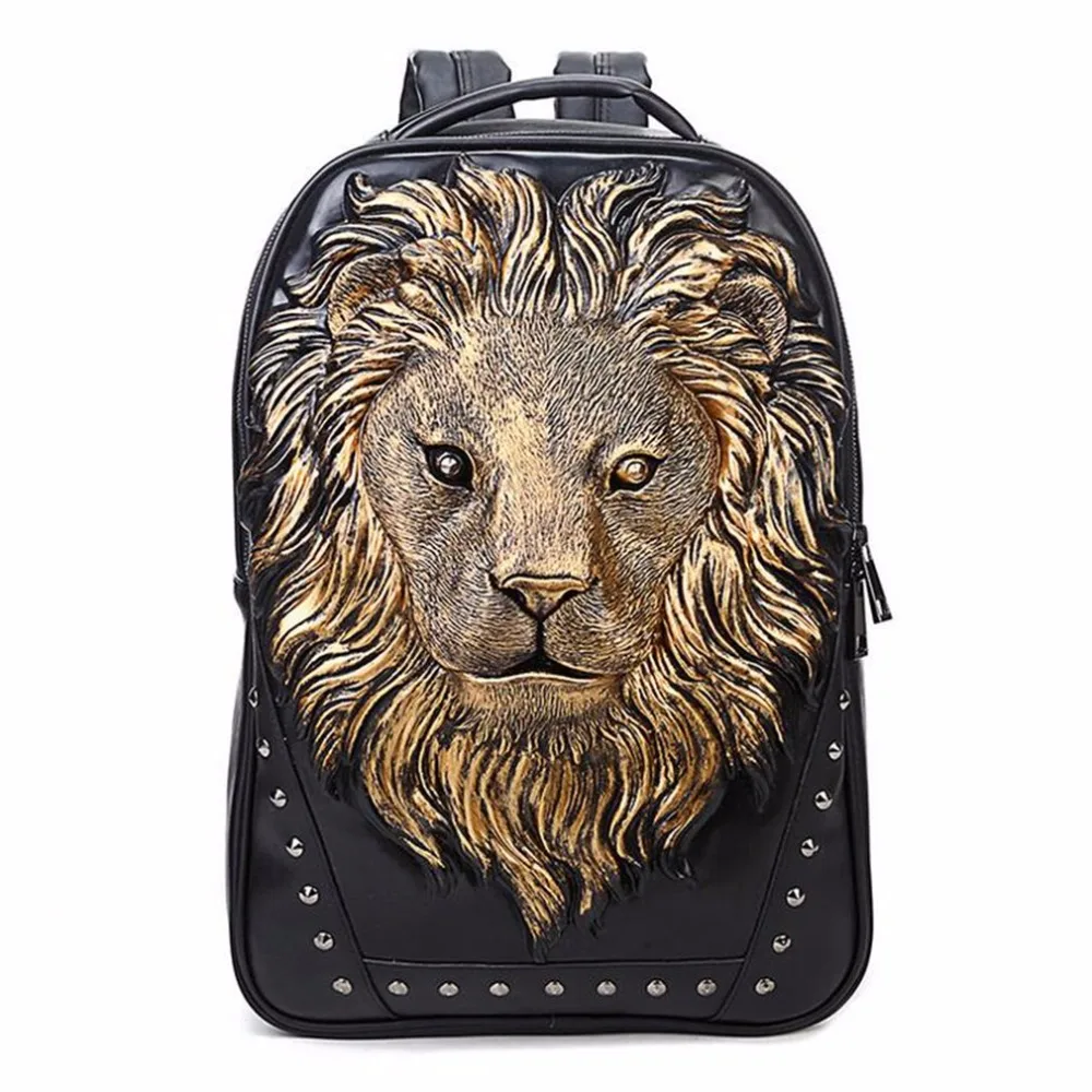 2018 NEW Fashionable Men Women Soft PU Leather Backpack Large Capacity Lion Head Decoration School Bag Notebook Laptop Backpack