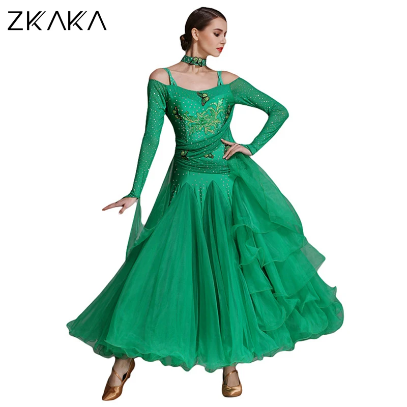 

ZKAKA Long Sleeves Ballroom Dance Dress Flamenco Waltz Tango Dance Costumes