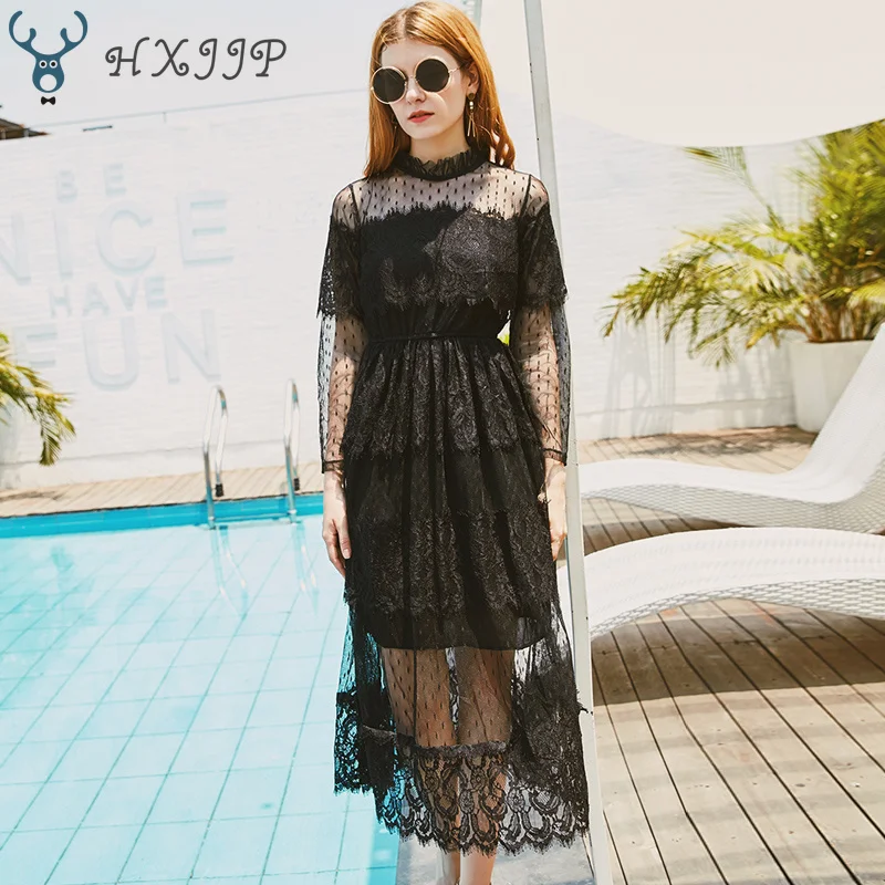 

HXJJP Women Spring Hollow Out Lace Dress Long Sleeve Sexy Evening Party Dresses Elegant Vintage Autumn Dress Plus Size