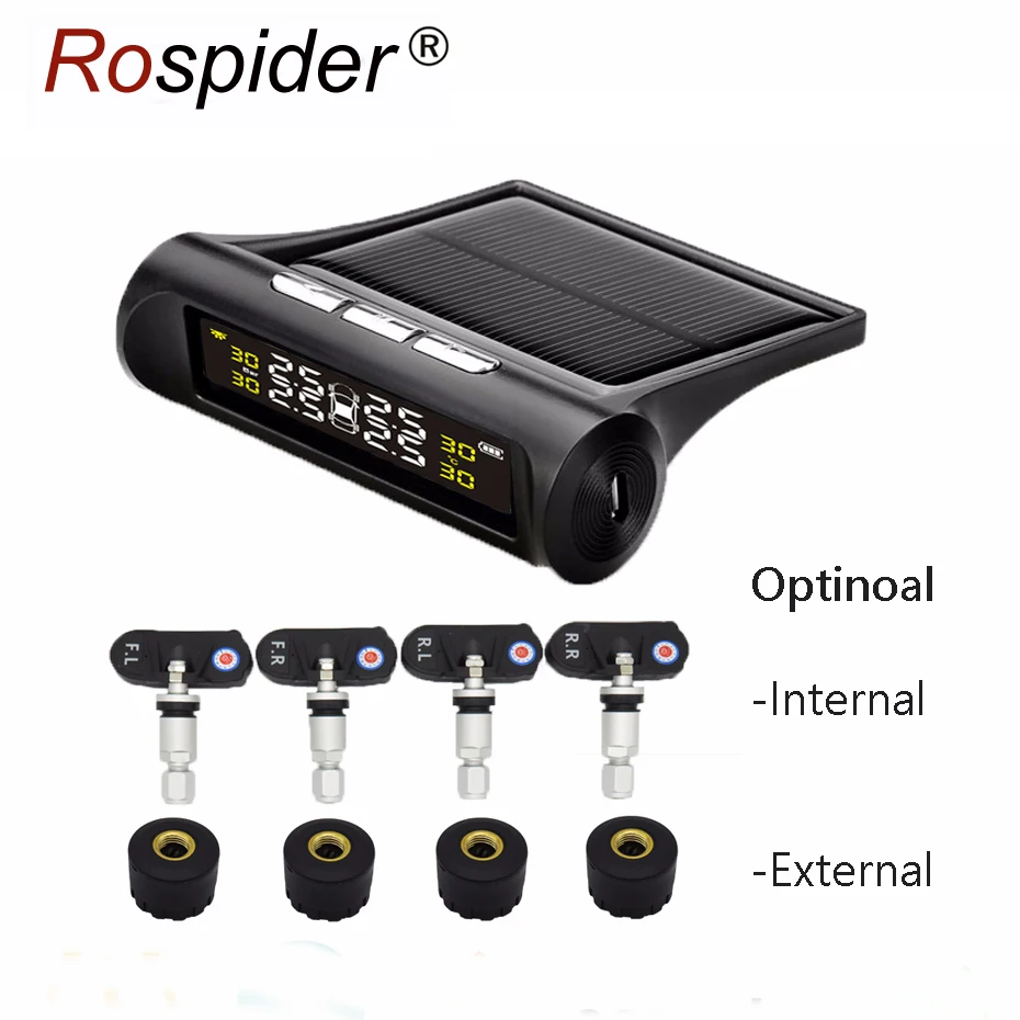 

Solar TPMS Tire Pressure Alarm Monitor System Wireless 4 Internal / External Sensor Car Temperature Rospider T06N T06W D01W