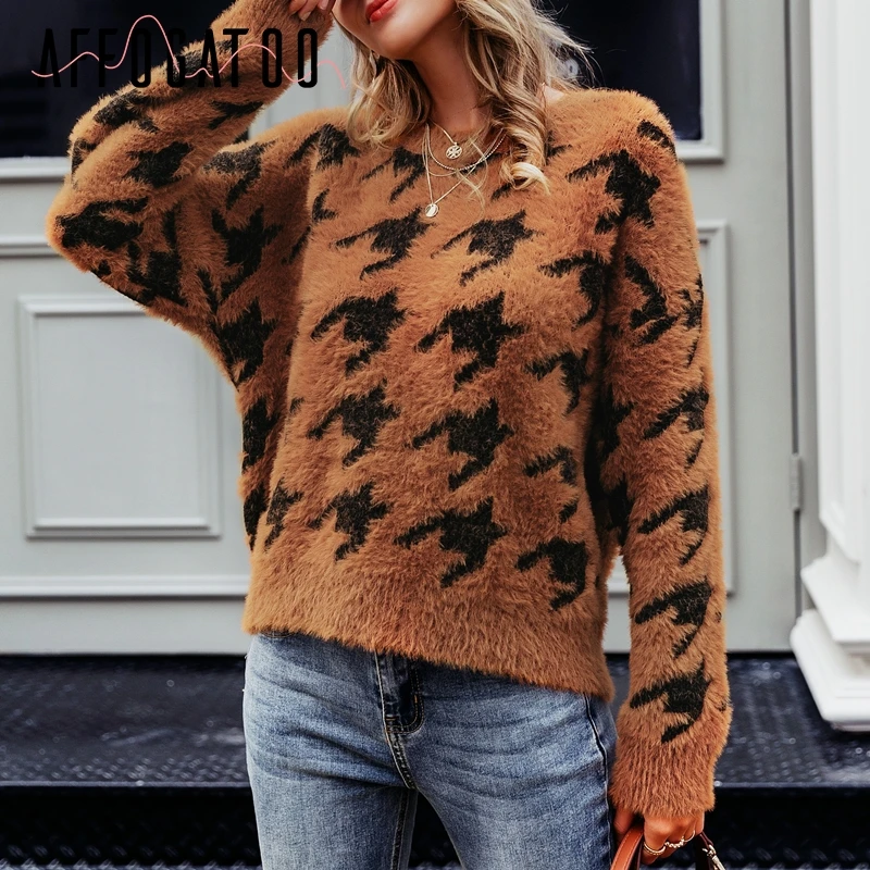 

Affogatoo Casual O-neck knitted sweater women Vintage mohair winter pullovers jumpers female Houndstooth autumn ladies sweaters