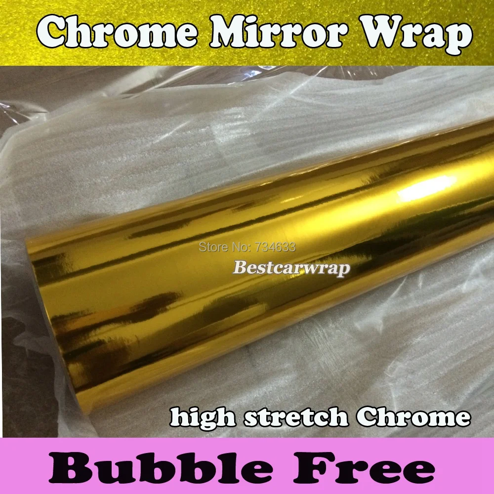 

Gold stretchable Mirror Chrome Vinyl Wrap Car Wrapping Chrome Film Chrome Green Foil Air Bubble Free Size:1.52*20M/Roll