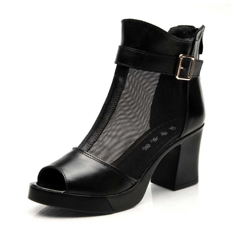 Thick High Heels Genuine Leather Lace Summer Women s Shoes Fashion Sandals Ankle Boots Plus Size