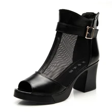 Dicke High Heels Echtem Leder Spitze Sommer frauen Schuhe Mode Sandalen Stiefeletten Plus Größe 35-40
