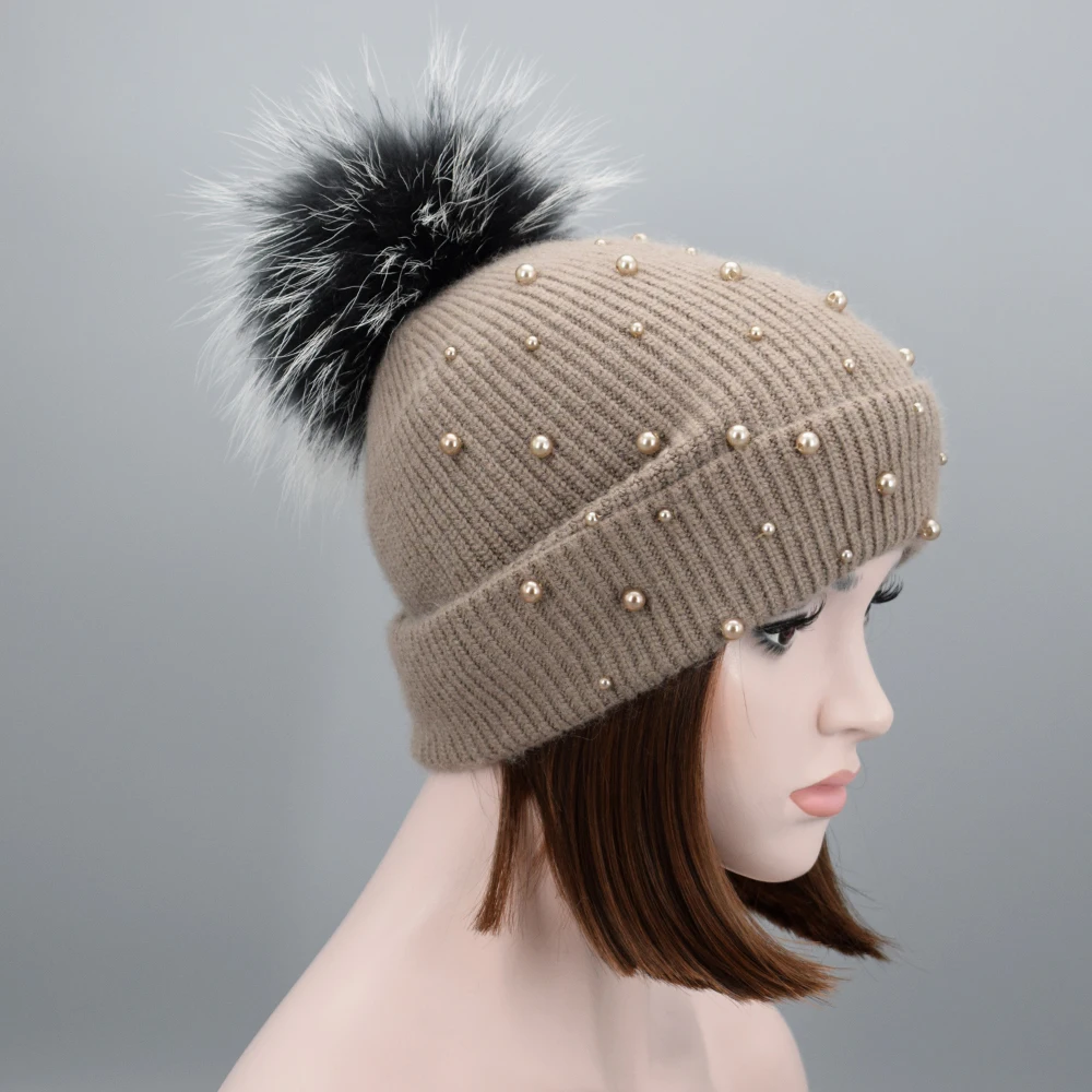 

Newest Winter Female Knitted Beanies With Pearl 100% Real Raccoon Fur Pompom Hats For Women Wool rabbit hair Crochet Hat & Cap