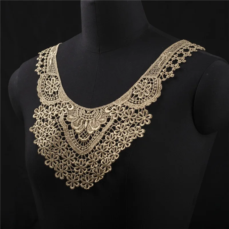1PC 24x31cm Gold Lace Collar Applique Neck Neckline Flower Lady Motif