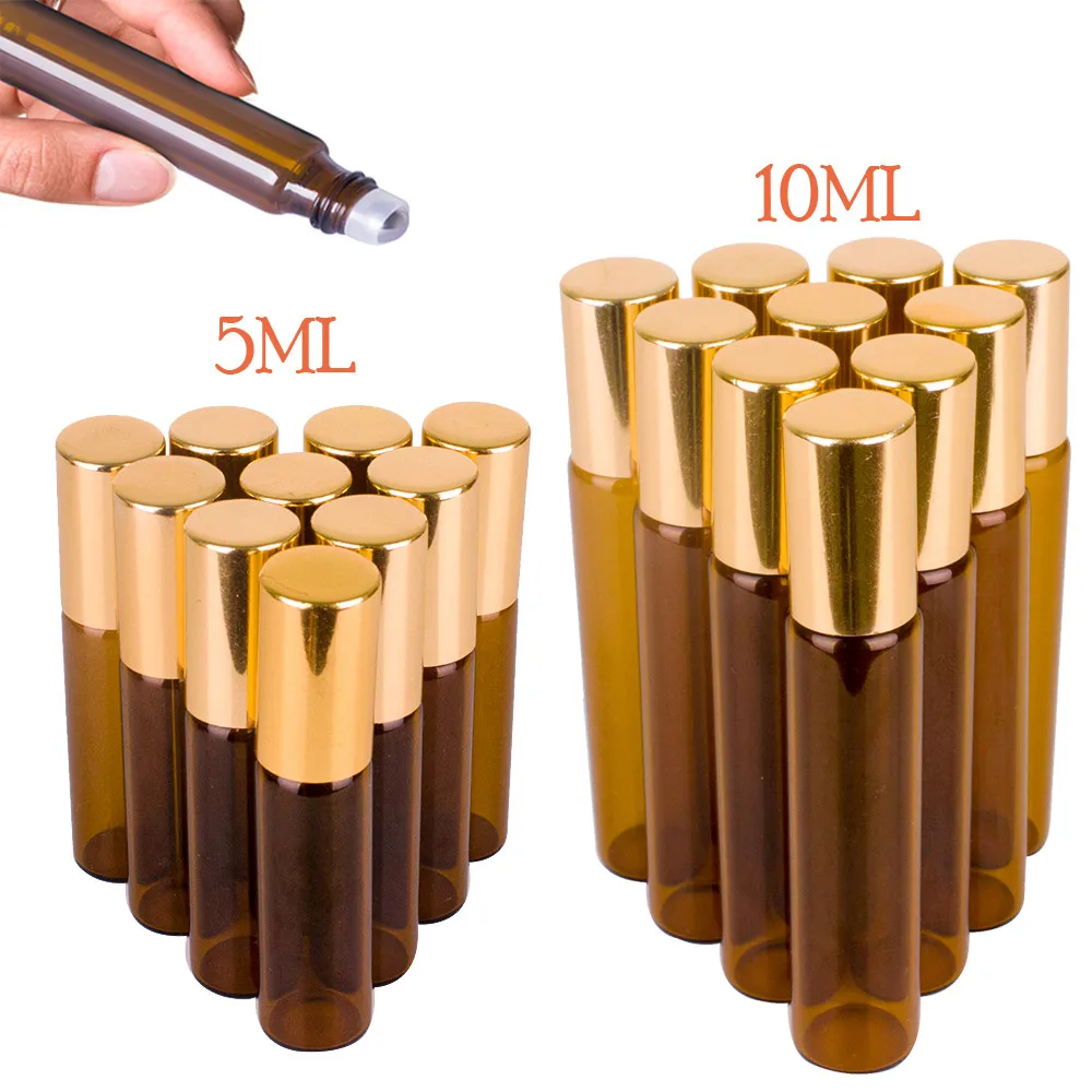 5/10 мл Портативный Янтарный стеклянный бутылка с роликом бутылки со съемными золото Кепки Нержавеющая сталь роликом мяча для бутылка эфирного масла