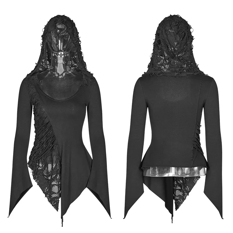 Punk Rave Women T-shirt Gothic Casual Dark Retro Cotton Hooded Asymmetric Long Sleeve Streetwear Tops for Women