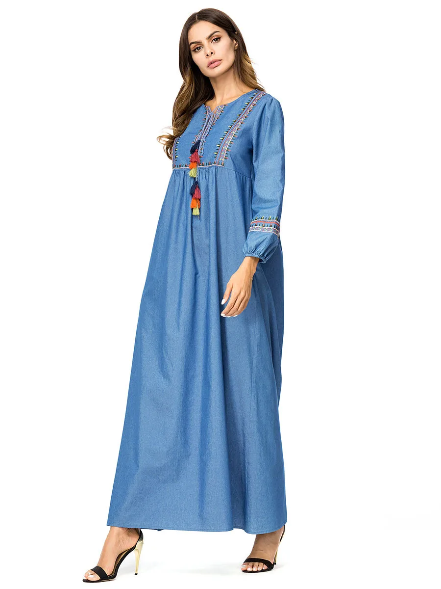 Повседневные джинсы Макси платье с цветочной вышивкой абайя размера плюс кимоно винтажный длинный халат богемные качели мусульманская исламская одежда