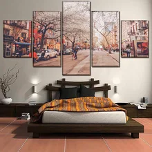 One Set 5 Pieces New York Street Landscape Cherry Trees Poster Canvas Paintings HD Prints Modular Picture Wall Art Decorative