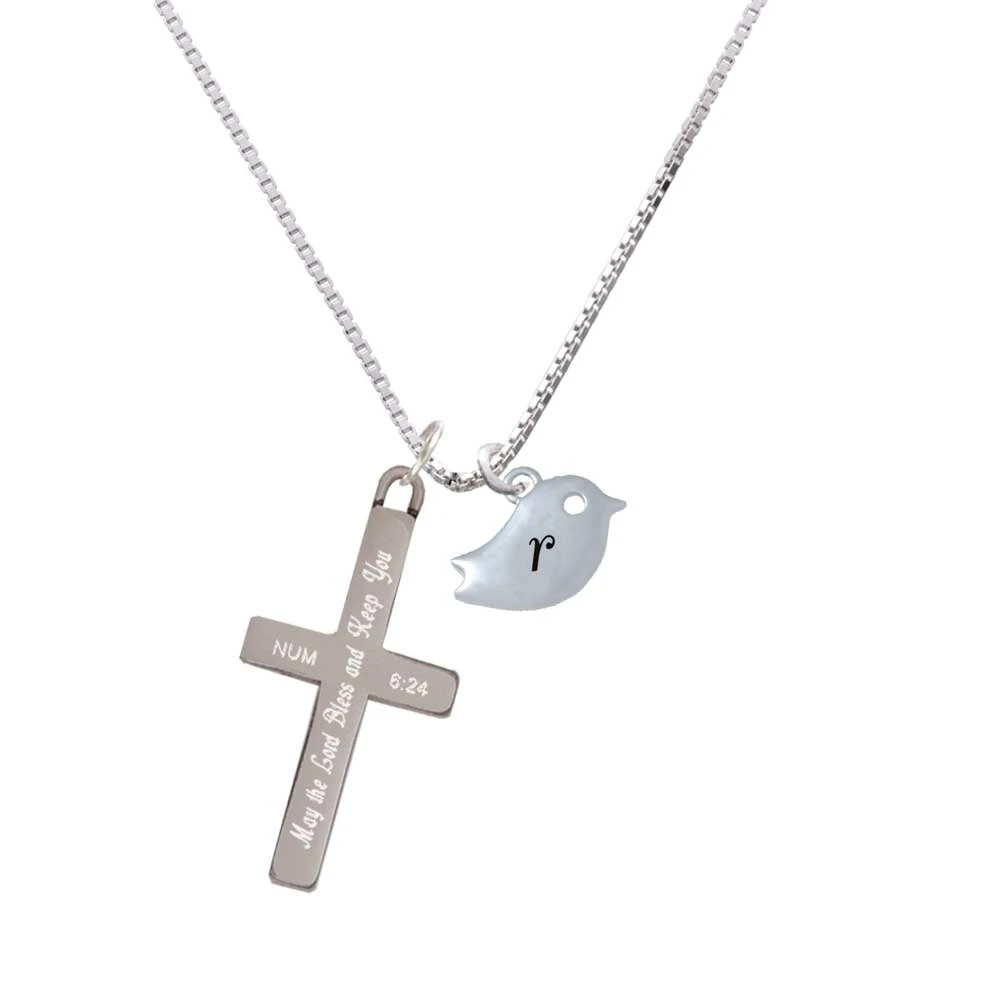 Little Bird Initial - R - - Bless and Keep You - Cross Necklace