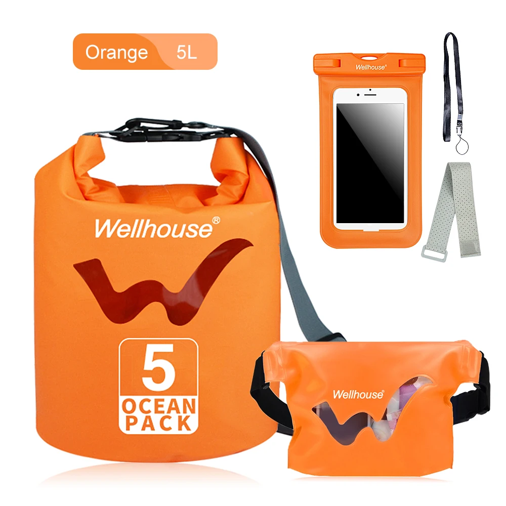 Набор из 3 водонепроницаемых сухих сумок, поясная сумка, чехол для телефона, для путешествий, пляжа, плавания, сумки для хранения, для кайкинга, рафтинга, гребли - Цвет: Orange   5L