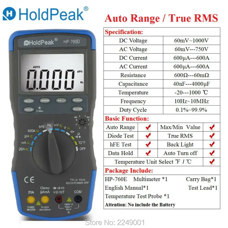 HoldPeak HP-760D цифровой мультиметр с автоматическим диапазоном True RMS Multimetro с минимальным/максимальным значением/частотой/Cuty Cycle тест и сумка для переноски