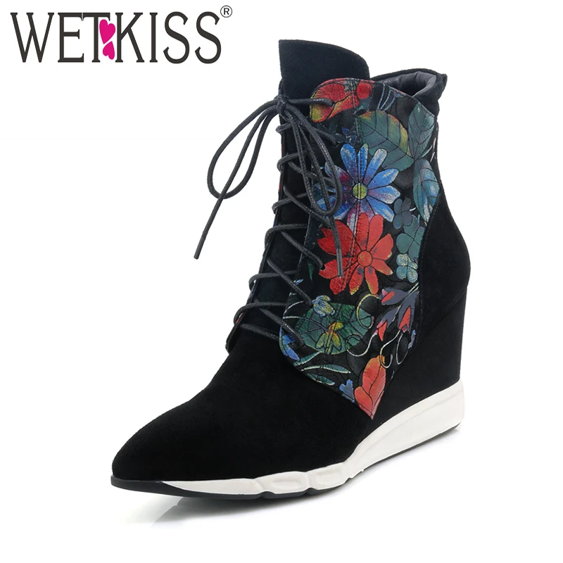

WETKISS Charming Floral Print Ankle Boots Zipper Suede Leather Winter Boots High Wedges Women Shoes Female Pointed Toe 2018 New