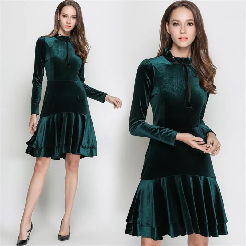 

Gold Velvet Dress Spring Autumn 2019 European A-Line Ruffles Sweet Velvet Dresses Large Size M-3XL Elegant Velour Dress Vestid