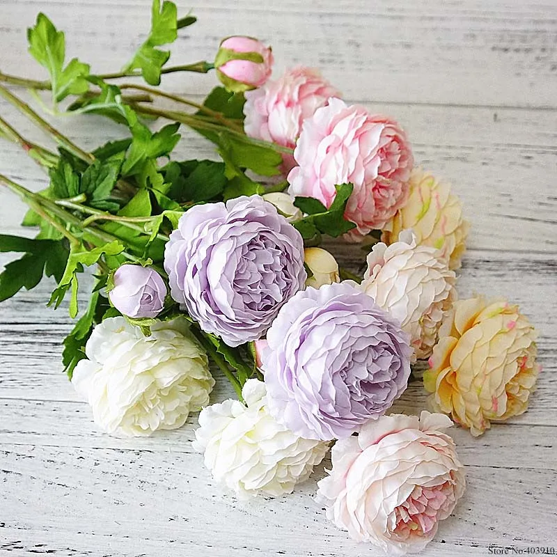 

3 Heads Artificial Rose Peony Flower branch with leaves Silk flores peonies for indoor Home table decor diy wedding decoration
