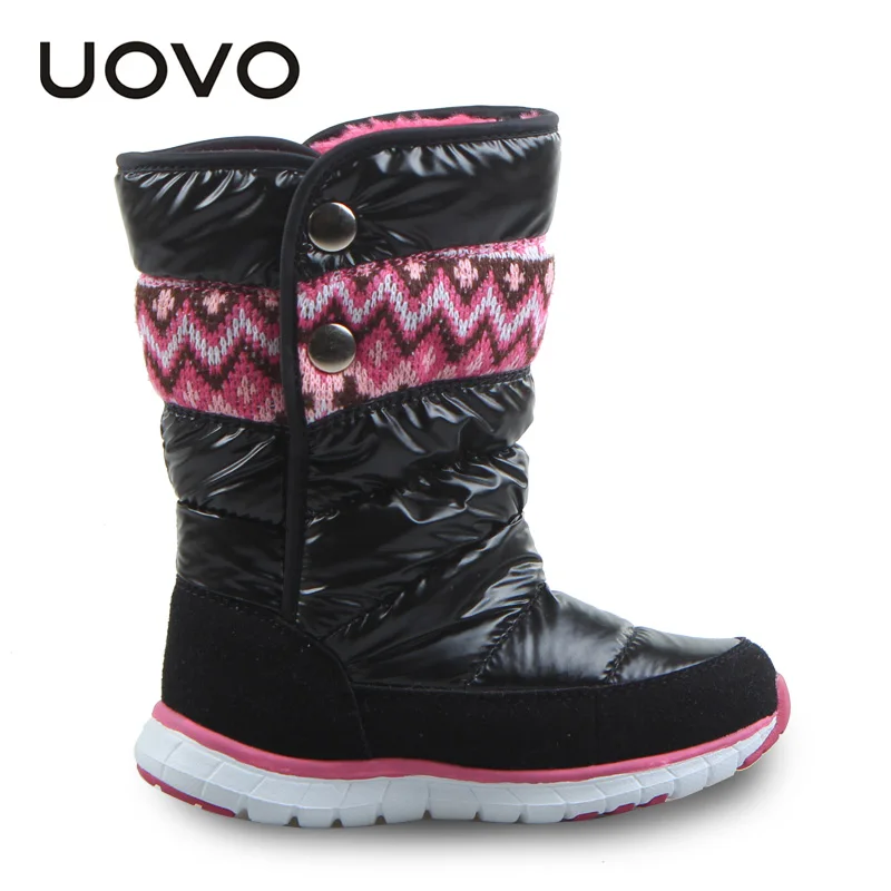 UOVO/ зимние ботинки для девочек, водонепроницаемые зимние ботинки для девочек, нескользящая обувь для девочек, теплые детские ботинки для девочек, фиолетовый/розовый/черный - Цвет: Black