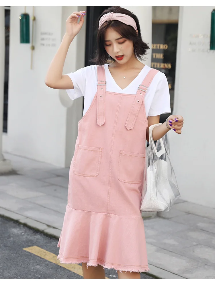 

Summer Women Spaghetti Strap White Denim Dress Overalls Korean Female Preppy Pink Jeans Dress Ladies Ruffles Mermaid Midi Dress